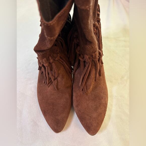 Aldo Kycia Chestnut Brown Suede Fringe Trim Boho Ankle Boot 7.5 - Picture 3 of 6